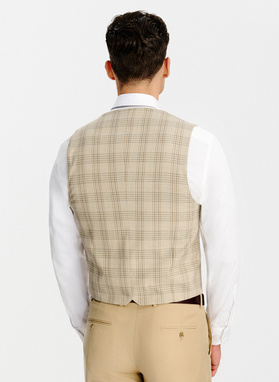 Dwurzędowa beżowa kamizelka w kratkę