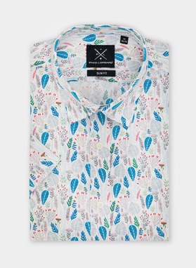 Biała koszula męska na krótki rękaw w kolorowy roślinny deseń