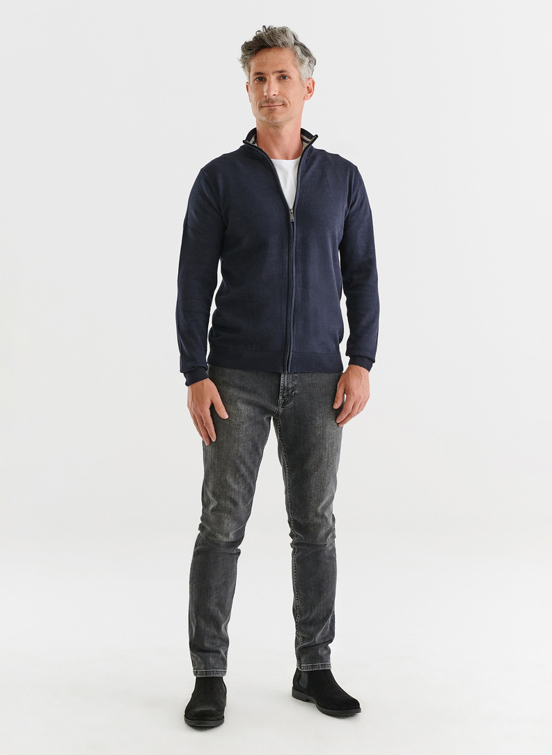 Granatowy rozpinany sweter męski ze stójką