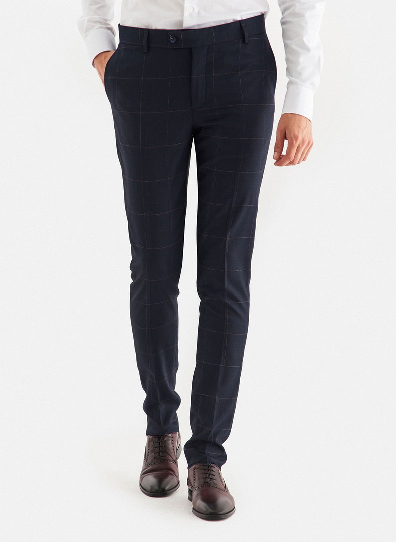 Granatowe spodnie garniturowe w kratę Windowpane