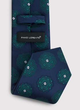 Granatowy krawat męski w zielone rozetki