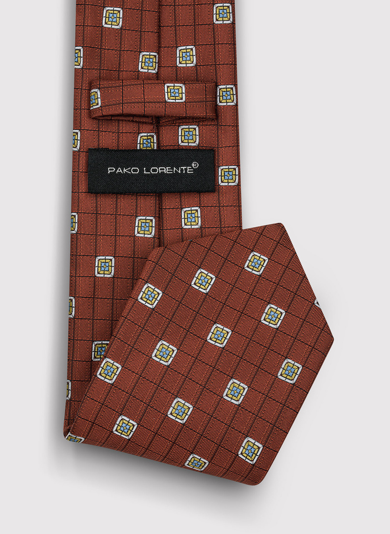 Rudy krawat męski w geometryczny wzór