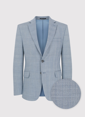 Dwuczęściowy niebieski garnitur męski w kraciasty deseń