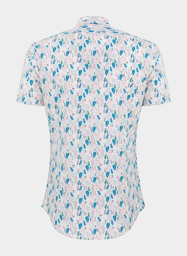 Biała koszula męska na krótki rękaw w kolorowy roślinny deseń