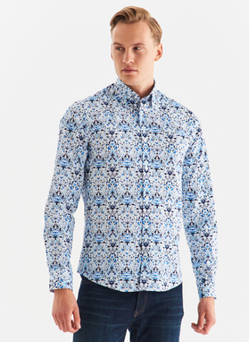 Biała koszula męska w niebieski roślinny wzór