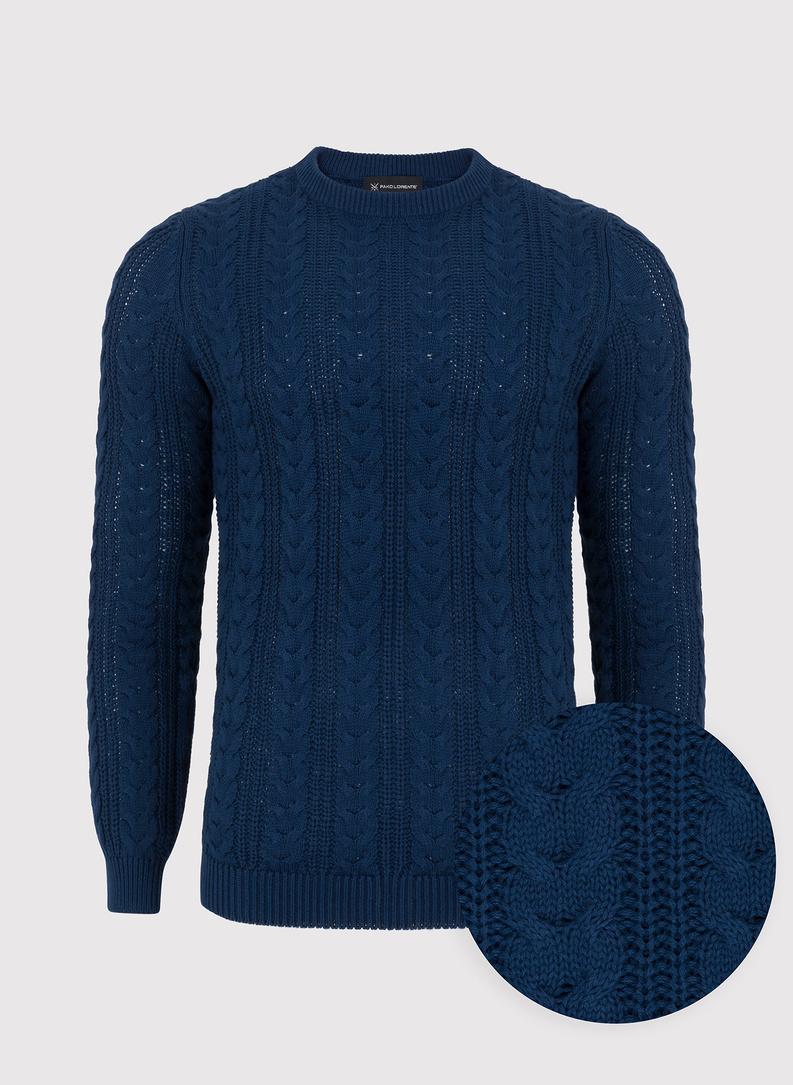 Granatowy sweter męski o warkoczowym splocie