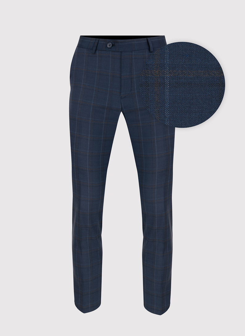 Dwuczęściowy granatowy garnitur męski w kraciasty deseń