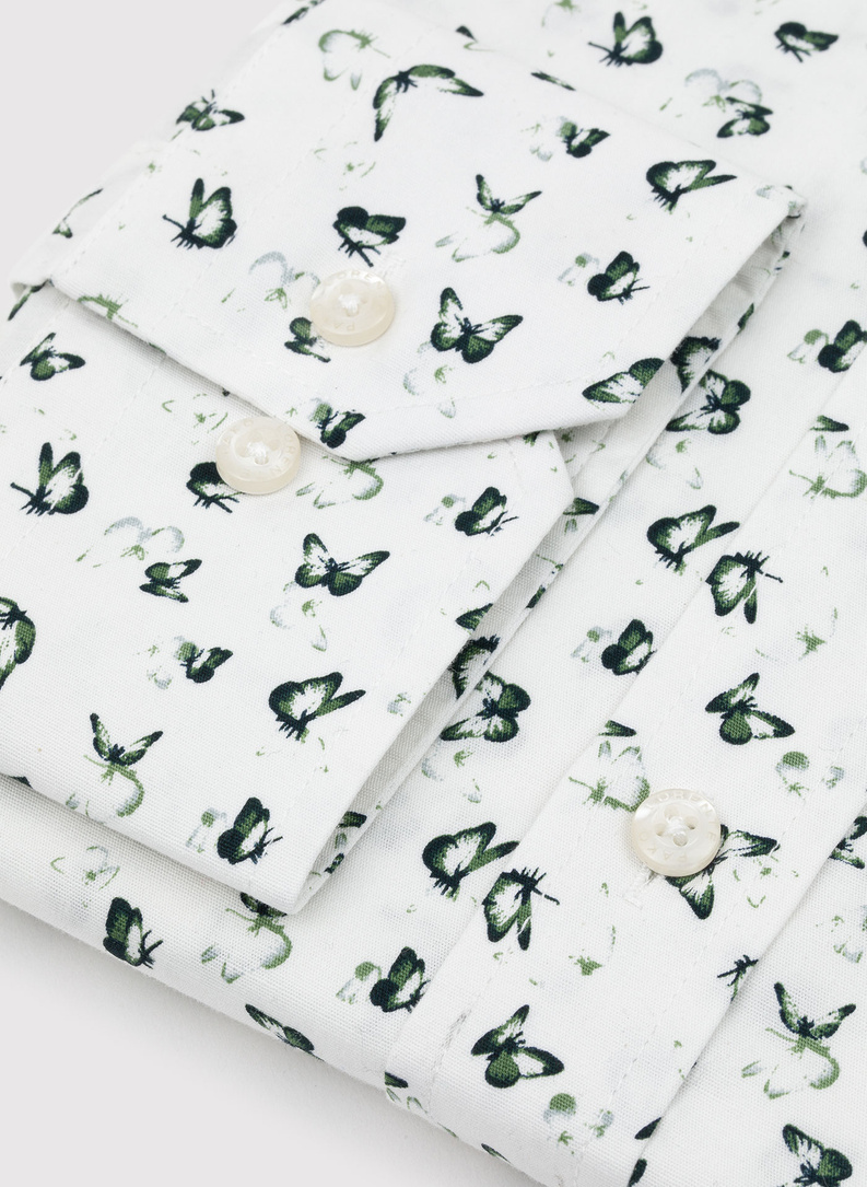 Biała koszula męska w zielone motylki