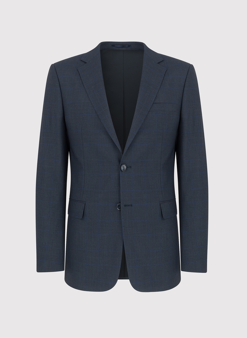 Granatowy garnitur w subtelną kratę