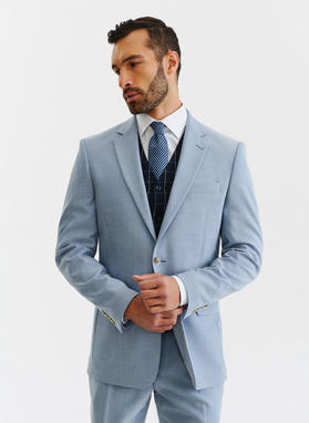 Gładki błękitny garnitur męski z wełny