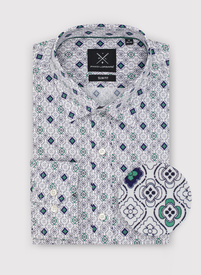 Męska koszula w kolorze białym w granatowo-zielony wzór