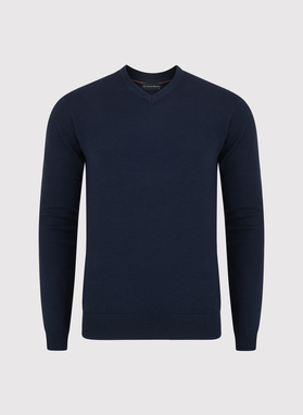 Granatowy męski sweter w serek 