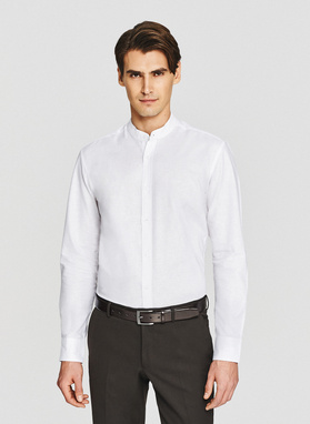 Lniana biała koszula z kołnierzem stójką