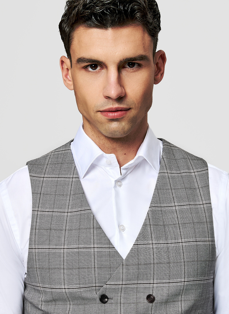 Szara dwurzędowa kamizelka w kratę