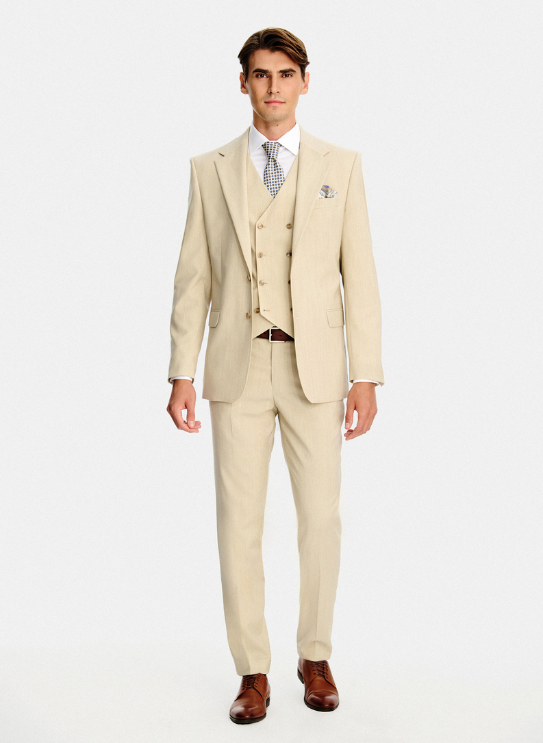 Ślubny beżowy garnitur z wełny
