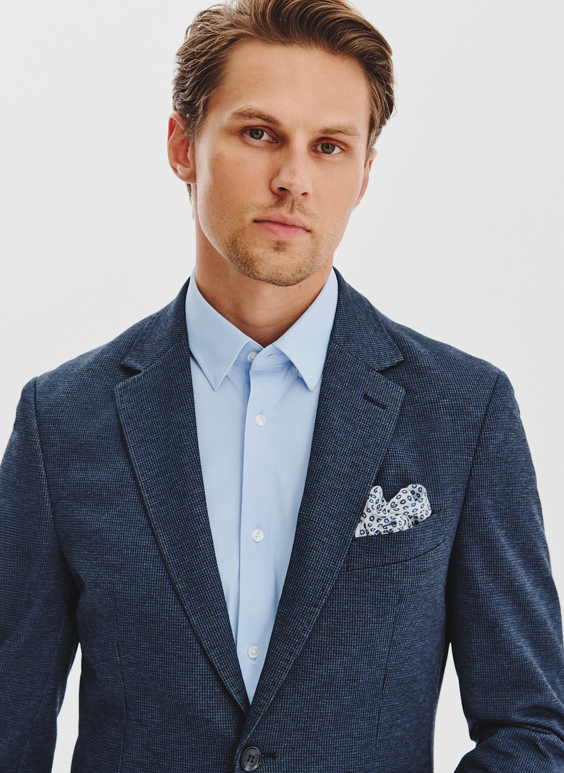 Granatowa marynarka w pepitkę z dzianiny