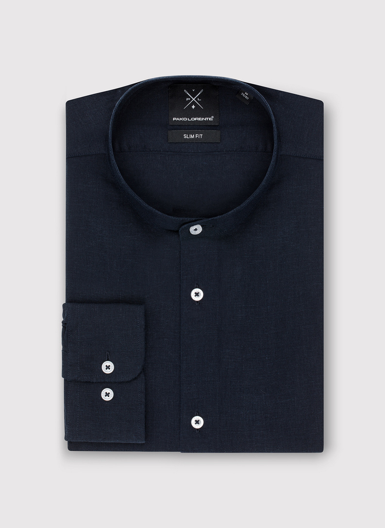Lniana granatowa koszula męska ze stójką