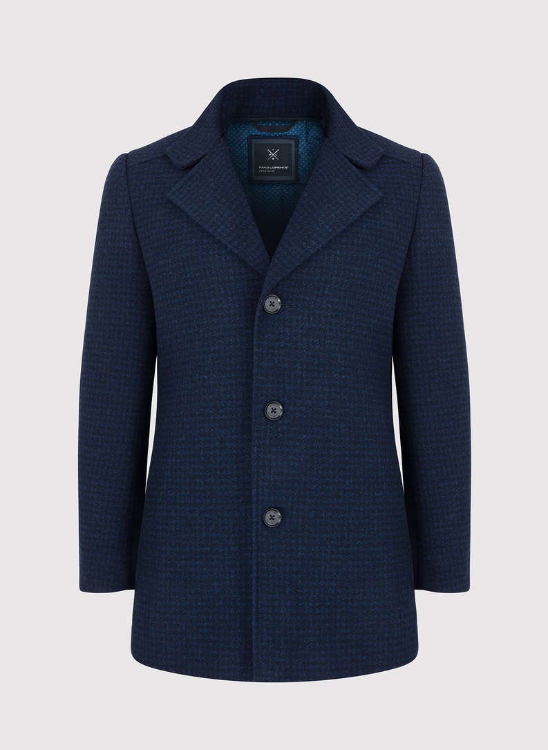 Granatowy płaszcz męski w mikrowzór