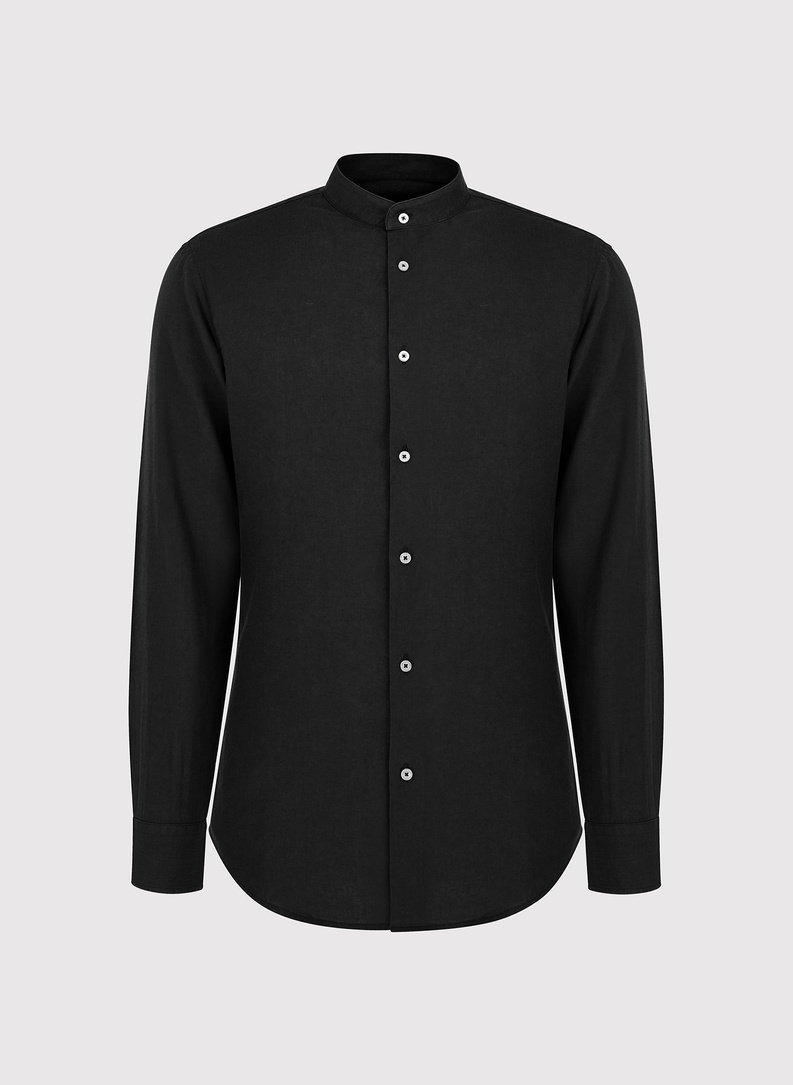 Lniana czarna koszula męska ze stójką