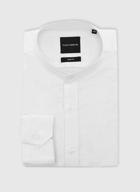 Lniana biała koszula z kołnierzem stójką