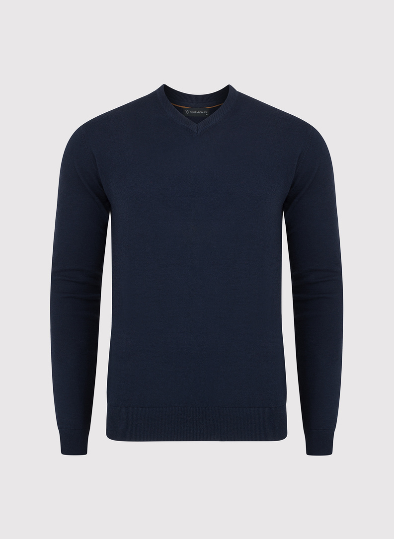 Granatowy męski sweter w serek 