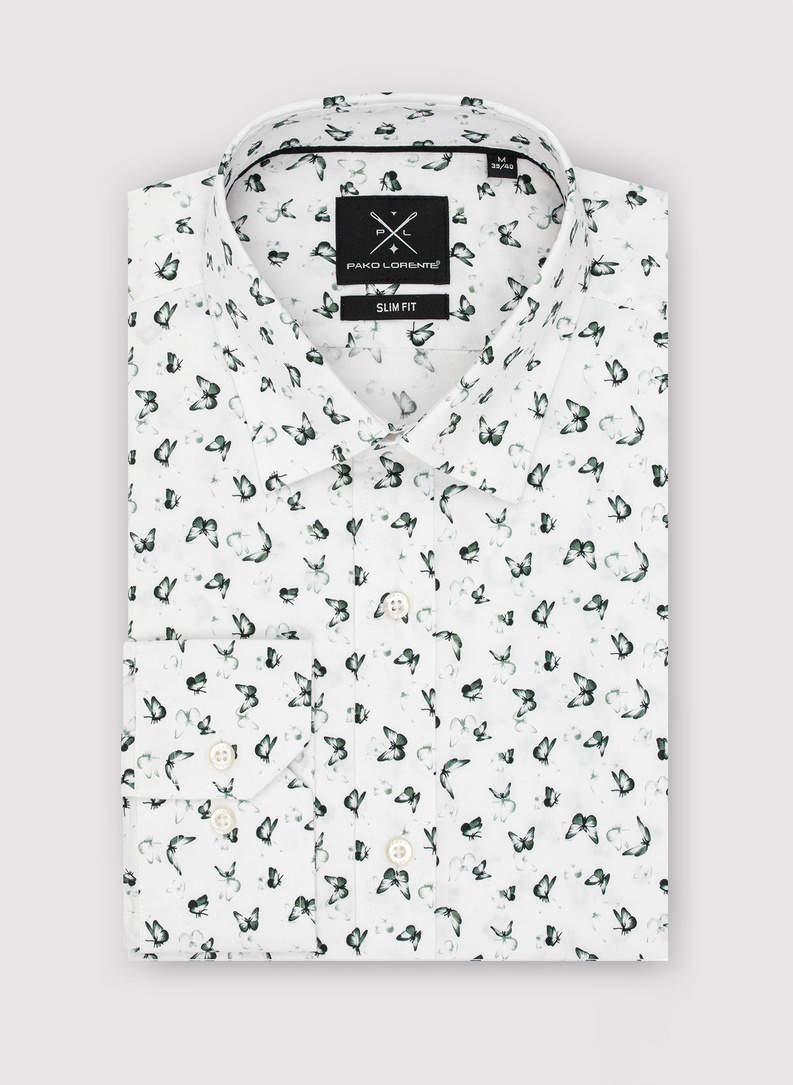 Biała koszula męska w zielone motylki