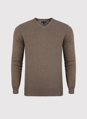 Beżowy gładki sweter męski z dekoltem w serek