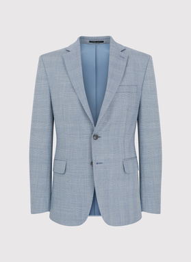 Dwuczęściowy niebieski garnitur męski w kraciasty deseń