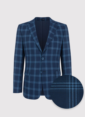 Granatowy garnitur męski w niebieską kratę