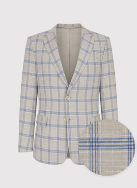 Beżowy garnitur w niebieską kratę