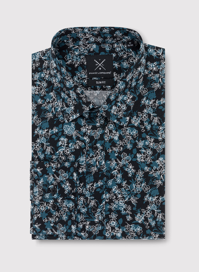 Czarna koszula męska w kwiatowy deseń