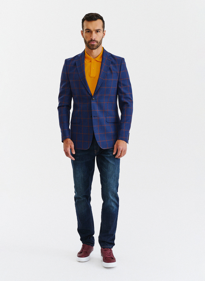 Granatowa casualowa marynarka męska w rudą kratę