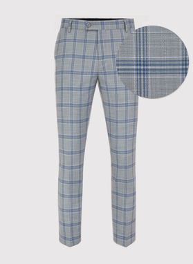 Szary garnitur męski w niebiesko-białą kratę