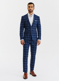 Granatowy garnitur męski w niebieską kratę