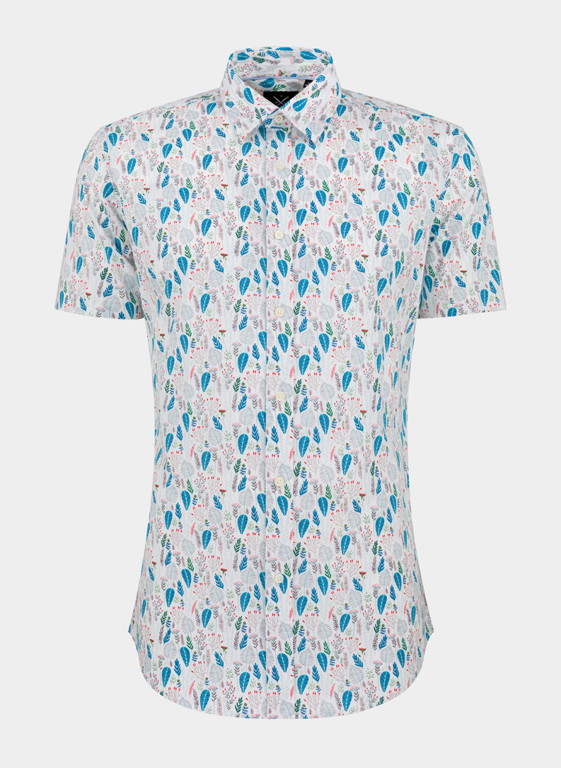 Biała koszula męska na krótki rękaw w kolorowy roślinny deseń
