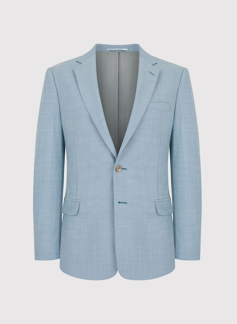 Gładki błękitny garnitur męski z wełny