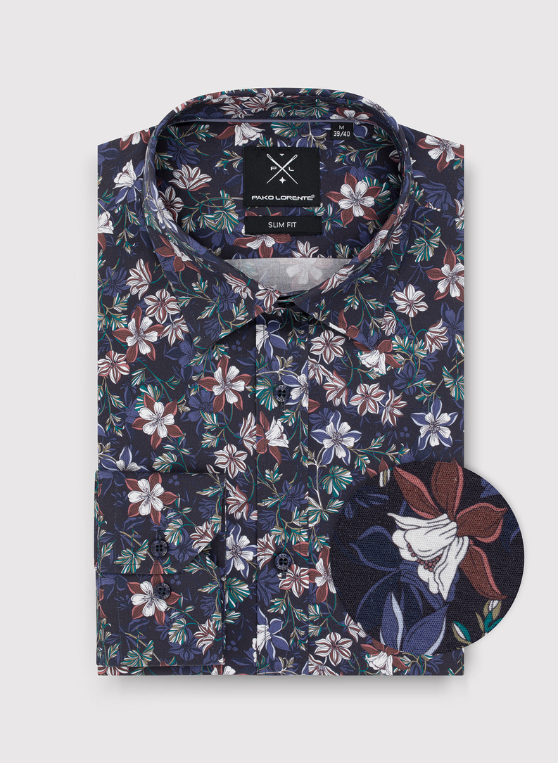 Granatowa koszula męska w kwiaty