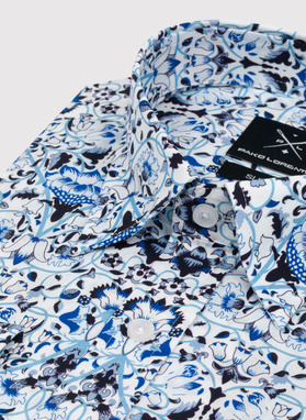 Biała koszula męska w niebieski roślinny wzór