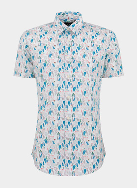 Biała koszula męska na krótki rękaw w kolorowy roślinny deseń