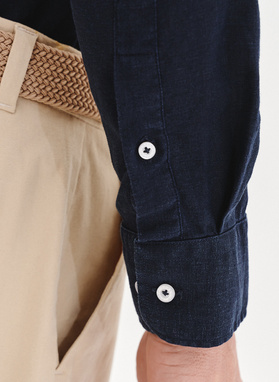 Lniana granatowa koszula męska ze stójką