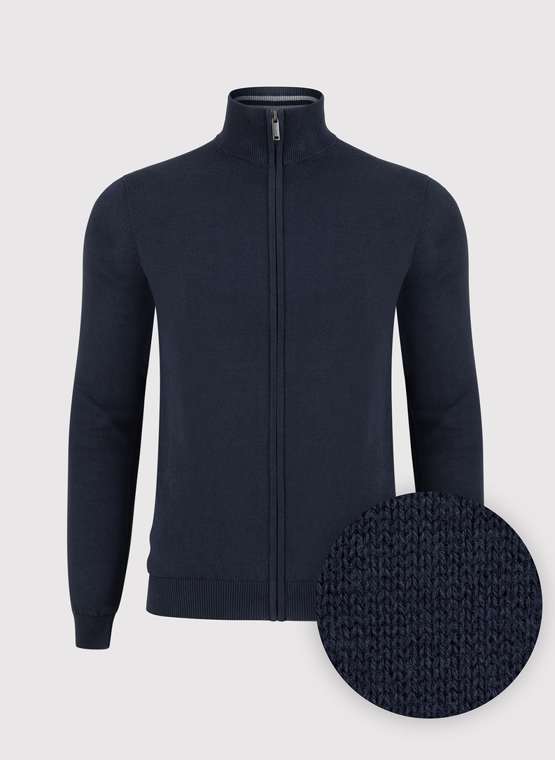 Granatowy rozpinany sweter męski ze stójką