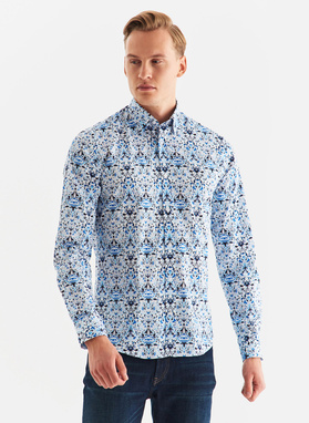 Biała koszula męska w niebieski roślinny wzór