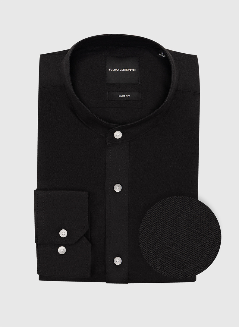 Lniana czarna koszula z kołnierzem stójką