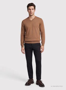 Kamelowy sweter męski w serek