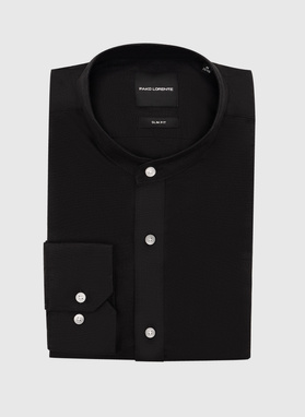 Lniana czarna koszula z kołnierzem stójką