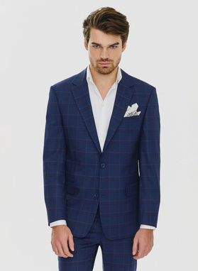 Dwuczęściowy granatowy garnitur męski w czerwono-białą kratę