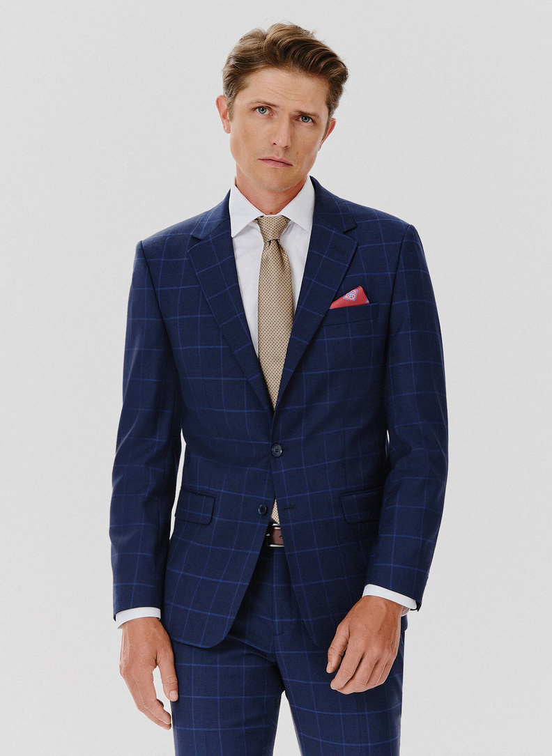 Dwuczęściowy granatowy garnitur męski w niebieską kratę