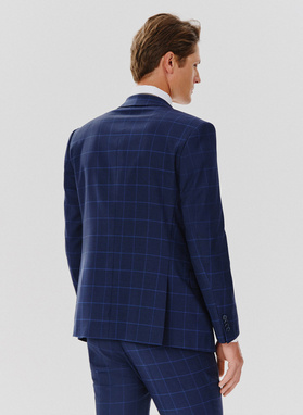 Dwuczęściowy granatowy garnitur męski w niebieską kratę