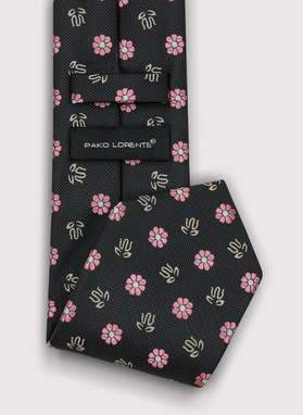 Czarny krawat męski w kwiecisty wzór