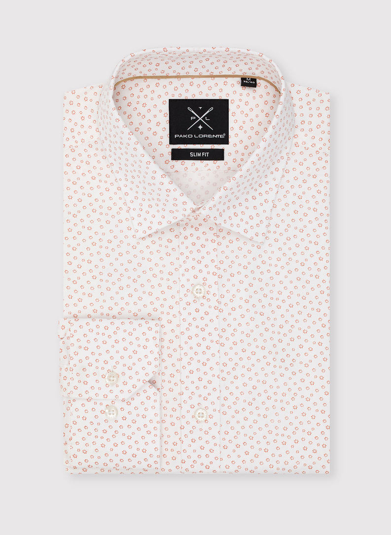 Biała koszula męska w pomarańczowy mikrowzór
